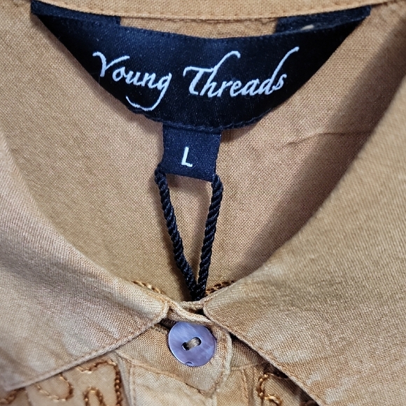 #116 NWT Young Threads Camel Earthy Boho Patchwork Tiered Top Woman Size L - Picture 2 of 16